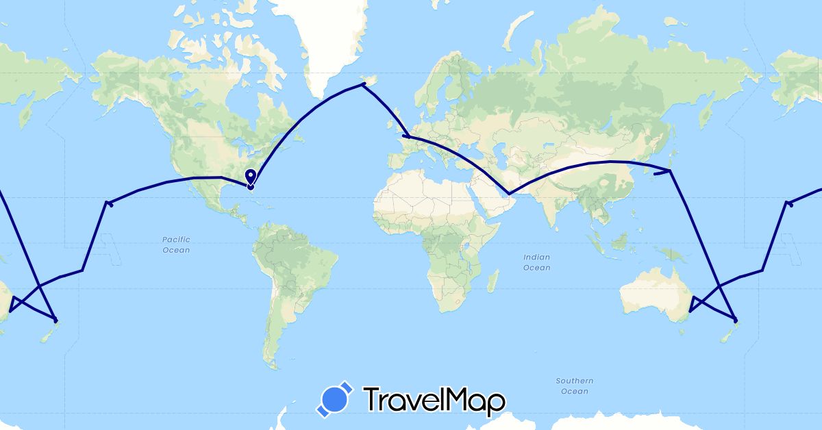 TravelMap itinerary: driving in United Arab Emirates, Australia, Fiji, France, Iceland, Japan, New Zealand, United States (Asia, Europe, North America, Oceania)